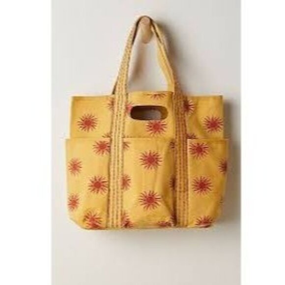 Free People Caravan Canvas Tote Sun Print Yellow Red Large Bag Boho Summer